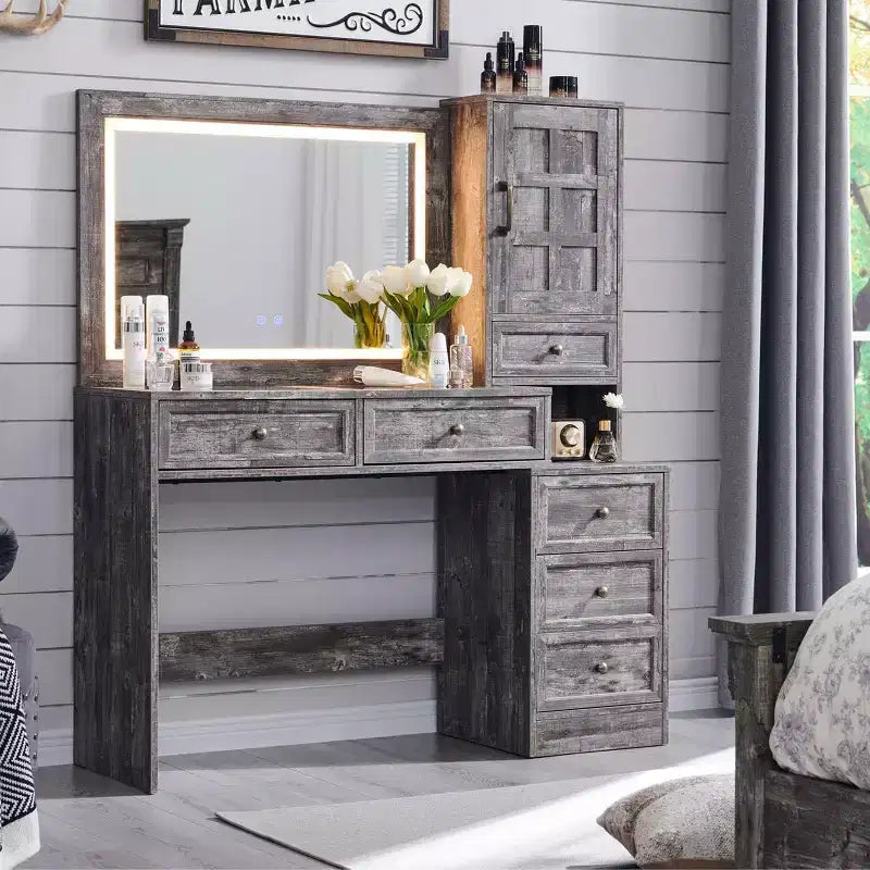 Coiffeuse de ferme Mastgoal avec miroir LED à écran tactile, grande table de maquillage de 119 cm, 6 tiroirs, plateau en verre, station de recharge, table de toilette en bois rustique