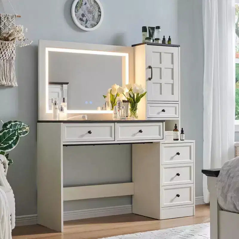 Coiffeuse de ferme Mastgoal avec miroir LED à écran tactile, grande table de maquillage de 119 cm, 6 tiroirs, plateau en verre, station de recharge, table de toilette en bois rustique