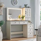 Coiffeuse de ferme Mastgoal avec miroir LED à écran tactile, grande table de maquillage de 119 cm, 6 tiroirs, plateau en verre, station de recharge, table de toilette en bois rustique
