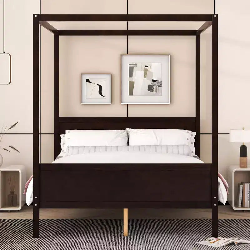 Lit à baldaquin Whisen Queen Size avec tête et pied de lit, rangement sous le lit et design adaptable à la décoration