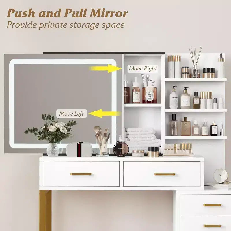 Coiffeuse avec miroir et lumières, coiffeuse de maquillage avec miroir coulissant éclairé, 3 modes d'éclairage, 5 grands tiroirs et 3 niveaux, pour chambre à coucher, blanc