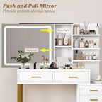 Coiffeuse avec miroir et lumières, coiffeuse de maquillage avec miroir coulissant éclairé, 3 modes d'éclairage, 5 grands tiroirs et 3 niveaux, pour chambre à coucher, blanc