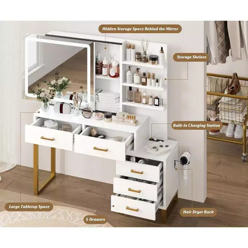 Coiffeuse avec miroir et lumières, coiffeuse de maquillage avec miroir coulissant éclairé, 3 modes d'éclairage, 5 grands tiroirs et 3 niveaux, pour chambre à coucher, blanc