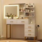 Coiffeuse avec miroir et lumières, coiffeuse de maquillage avec miroir coulissant éclairé, 3 modes d'éclairage, 5 grands tiroirs et 3 niveaux, pour chambre à coucher, blanc