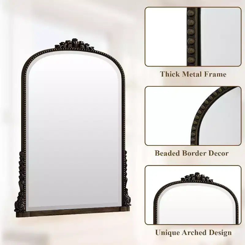 Miroir mural 40x28, miroir à perles arqué avec cadre en métal, miroir décoratif de salle de bain pour entrée, chambre ou salon
