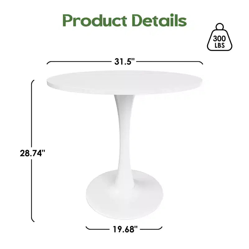 Table à manger ronde moderne PexFix 31,5 po en forme de tulipe pour 2-4 personnes, plateau en bois blanc avec pied en métal pour cuisine et salon