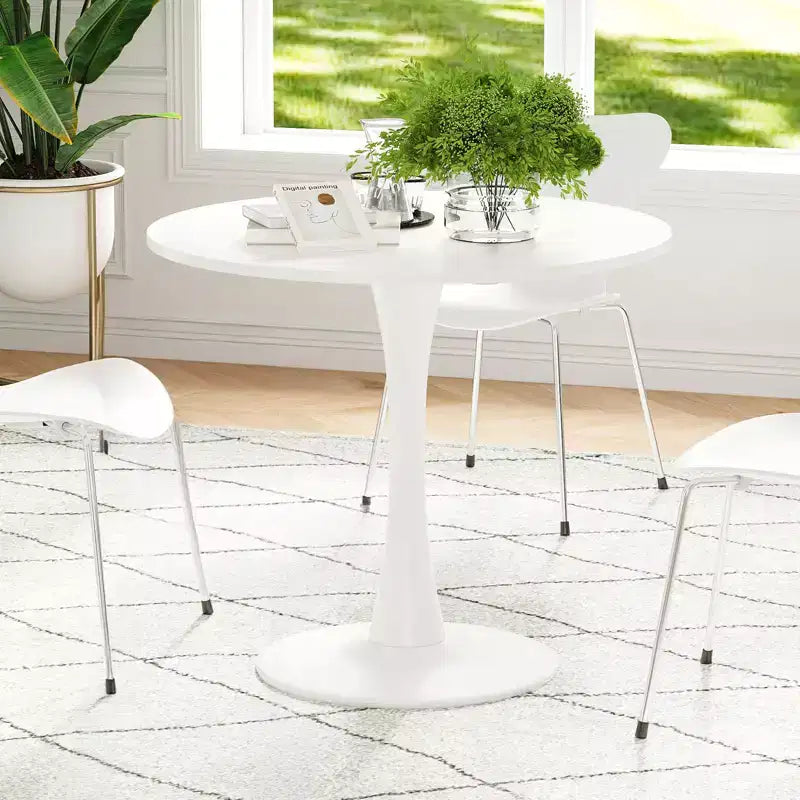 Table à manger ronde moderne PexFix 31,5 po en forme de tulipe pour 2-4 personnes, plateau en bois blanc avec pied en métal pour cuisine et salon