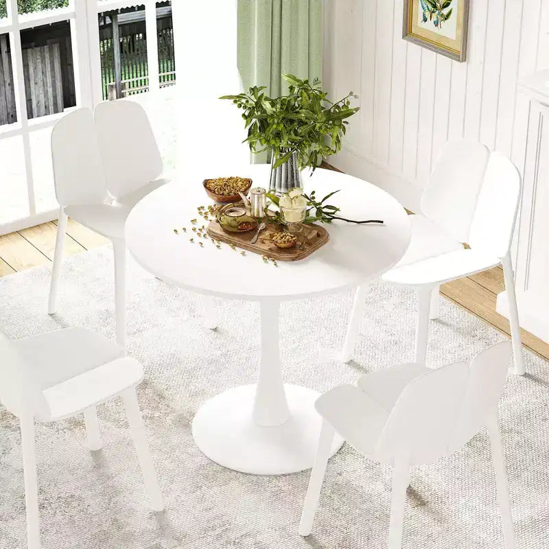 Table à manger ronde moderne PexFix 31,5 po en forme de tulipe pour 2-4 personnes, plateau en bois blanc avec pied en métal pour cuisine et salon