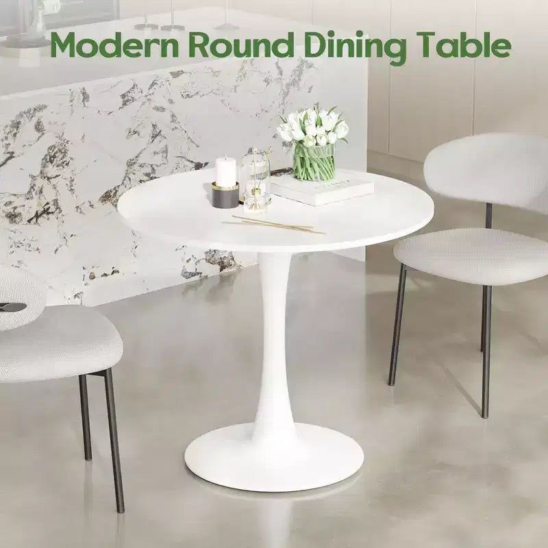 Table à manger ronde moderne PexFix 31,5 po en forme de tulipe pour 2-4 personnes, plateau en bois blanc avec pied en métal pour cuisine et salon
