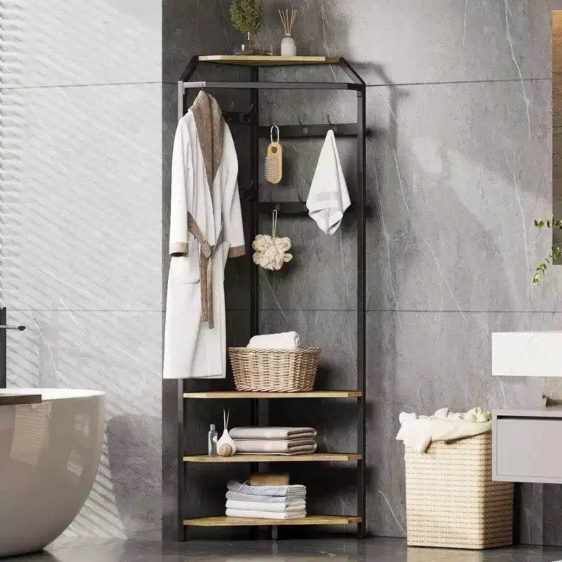 Porte-manteau d'angle avec banc à chaussures, meuble d'entrée avec 12 patères doubles, organisateur de rangement autoportant pour la maison, le bureau, la chambre et le vestiaire.