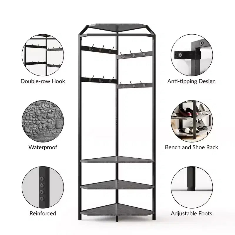 Porte-manteau d'angle avec banc à chaussures, meuble d'entrée avec 12 patères doubles, organisateur de rangement autoportant pour la maison, le bureau, la chambre et le vestiaire.