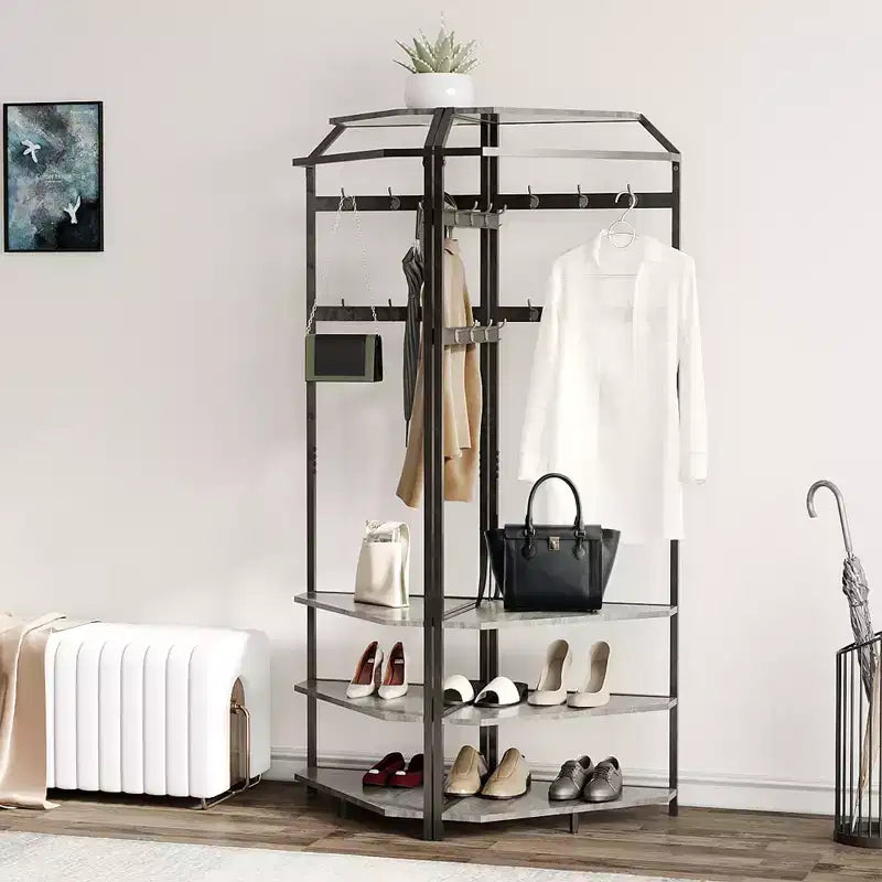 Porte-manteau d'angle avec banc à chaussures, meuble d'entrée avec 12 patères doubles, organisateur de rangement autoportant pour la maison, le bureau, la chambre et le vestiaire.