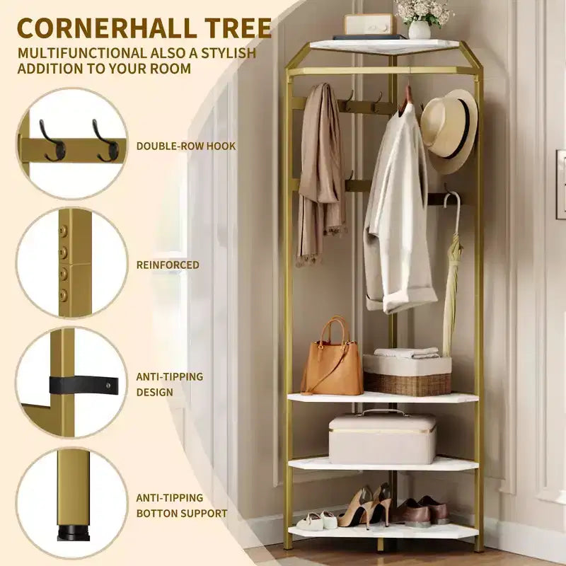 Porte-manteau d'angle avec banc à chaussures, meuble d'entrée avec 12 patères doubles, organisateur de rangement autoportant pour la maison, le bureau, la chambre et le vestiaire.