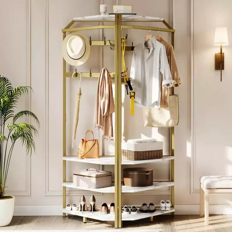 Porte-manteau d'angle avec banc à chaussures, meuble d'entrée avec 12 patères doubles, organisateur de rangement autoportant pour la maison, le bureau, la chambre et le vestiaire.