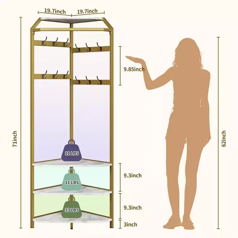 Porte-manteau d'angle avec banc à chaussures, meuble d'entrée avec 12 patères doubles, organisateur de rangement autoportant pour la maison, le bureau, la chambre et le vestiaire.