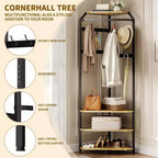 Porte-manteau d'angle avec banc à chaussures, meuble d'entrée avec 12 patères doubles, organisateur de rangement autoportant pour la maison, le bureau, la chambre et le vestiaire.