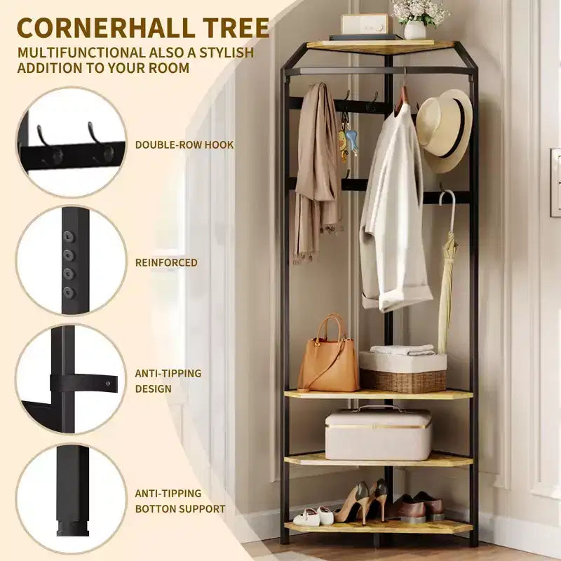 Porte-manteau d'angle avec banc à chaussures, meuble d'entrée avec 12 patères doubles, organisateur de rangement autoportant pour la maison, le bureau, la chambre et le vestiaire.