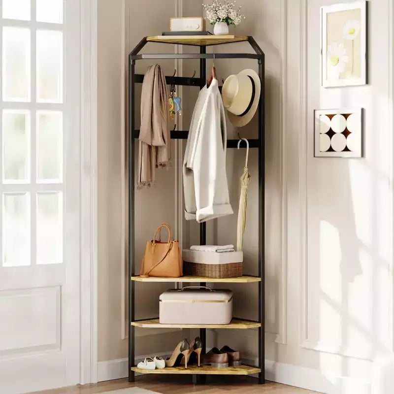Porte-manteau d'angle avec banc à chaussures, meuble d'entrée avec 12 patères doubles, organisateur de rangement autoportant pour la maison, le bureau, la chambre et le vestiaire.