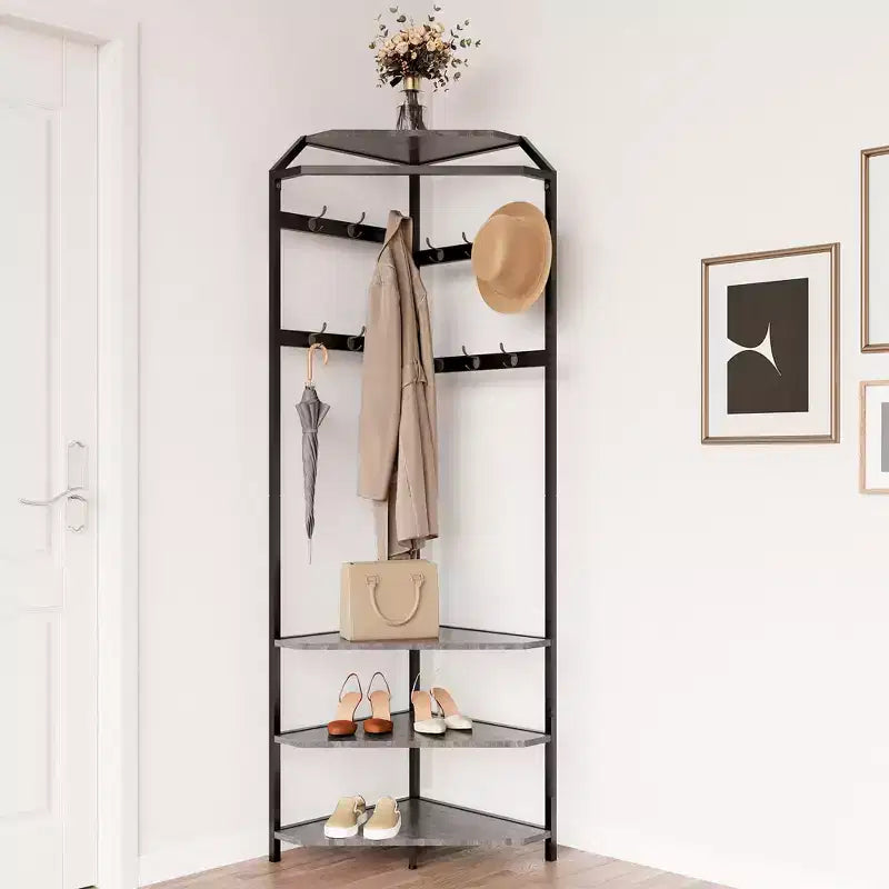 Porte-manteau d'angle avec banc à chaussures, meuble d'entrée avec 12 patères doubles, organisateur de rangement autoportant pour la maison, le bureau, la chambre et le vestiaire.