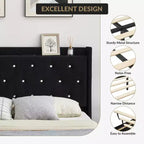 Lit flottant, cadre de lit moderne, support à lattes en bois, tête de lit rembourrée, aucun sommier tapissier requis, noir
