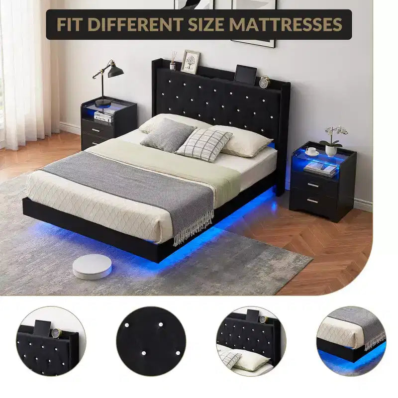 Lit flottant, cadre de lit moderne, support à lattes en bois, tête de lit rembourrée, aucun sommier tapissier requis, noir
