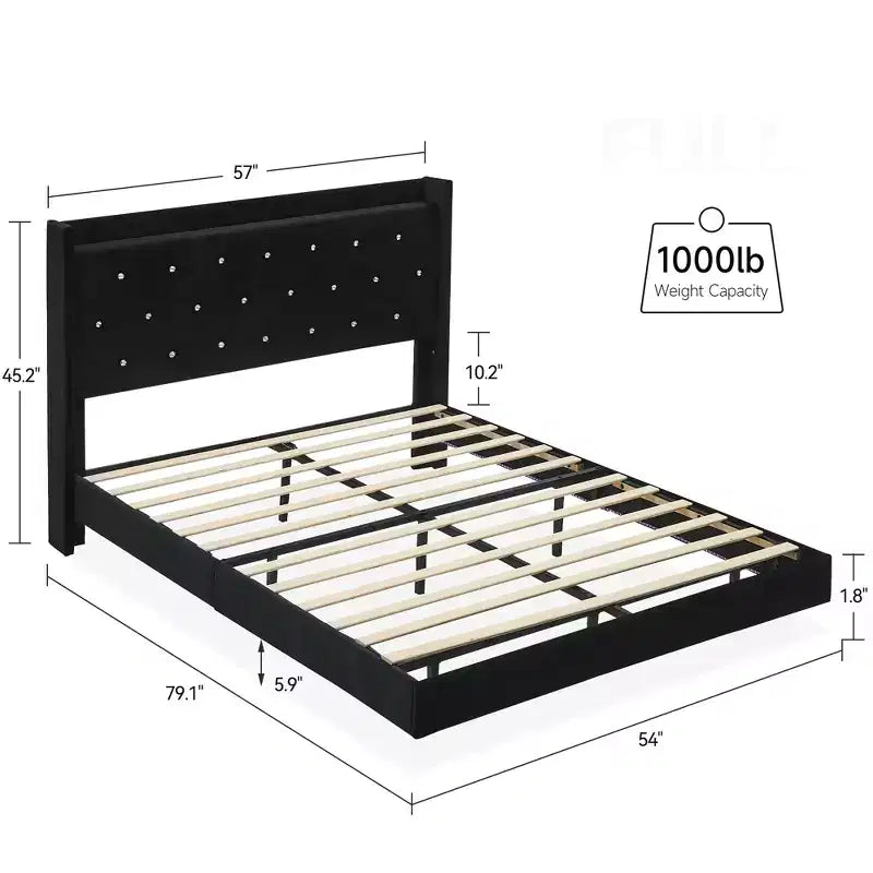 Lit flottant, cadre de lit moderne, support à lattes en bois, tête de lit rembourrée, aucun sommier tapissier requis, noir