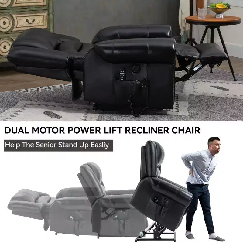 Fauteuil inclinable releveur électrique CLIHOME, avec massage chauffant, double moteur, inclinaison infinie, en cuir véritable, mécanisme de mouvement robuste avec ports USB