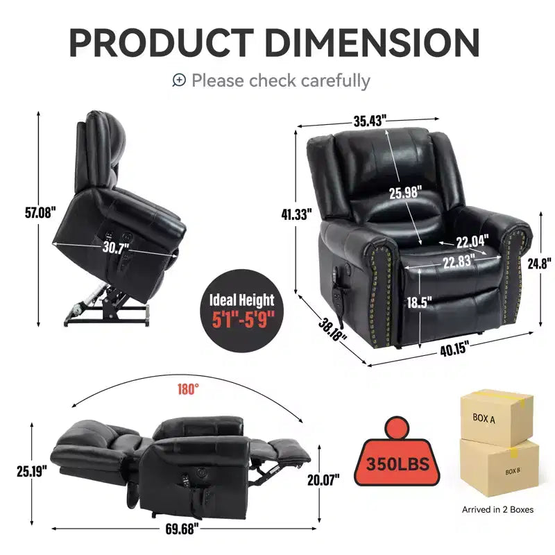 Fauteuil inclinable releveur électrique CLIHOME, avec massage chauffant, double moteur, inclinaison infinie, en cuir véritable, mécanisme de mouvement robuste avec ports USB
