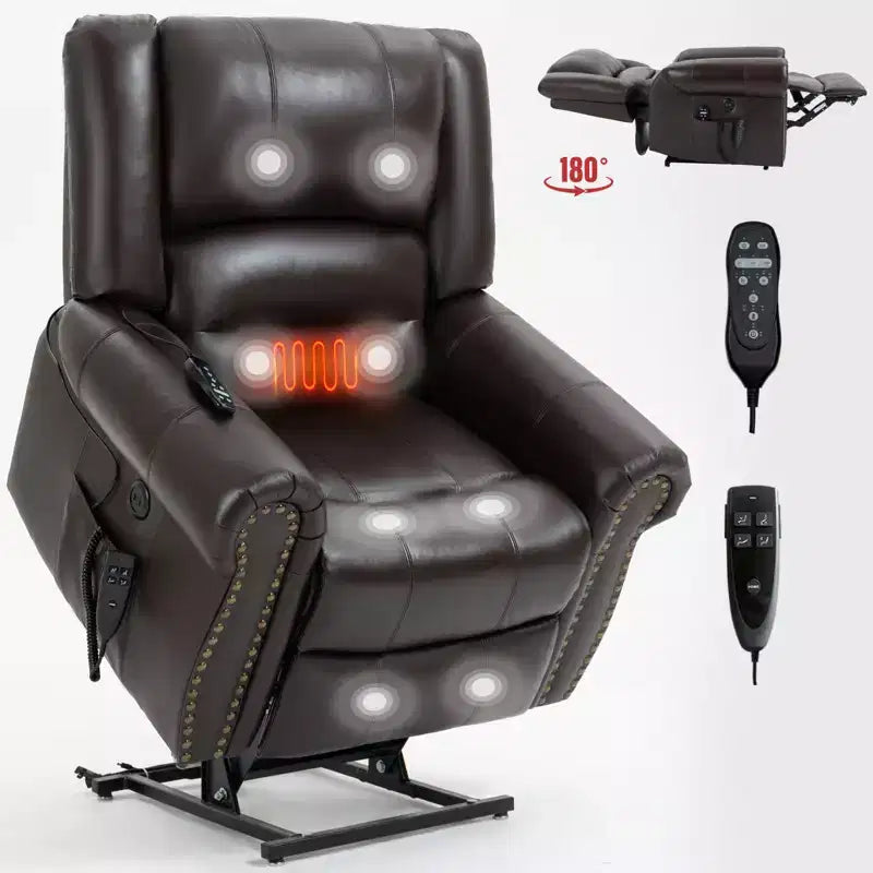 Fauteuil inclinable releveur électrique CLIHOME, avec massage chauffant, double moteur, inclinaison infinie, en cuir véritable, mécanisme de mouvement robuste avec ports USB