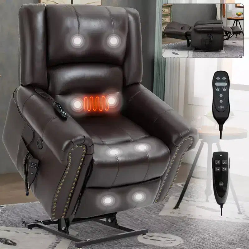 Fauteuil inclinable releveur électrique CLIHOME, avec massage chauffant, double moteur, inclinaison infinie, en cuir véritable, mécanisme de mouvement robuste avec ports USB