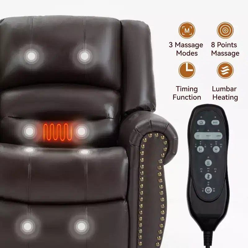 Fauteuil inclinable releveur électrique CLIHOME, avec massage chauffant, double moteur, inclinaison infinie, en cuir véritable, mécanisme de mouvement robuste avec ports USB
