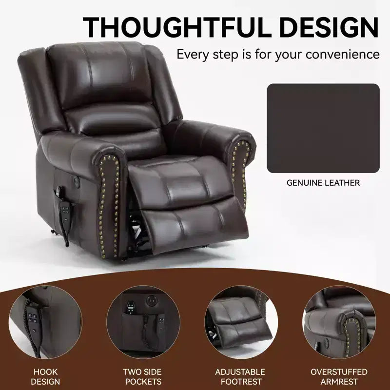 Fauteuil inclinable releveur électrique CLIHOME, avec massage chauffant, double moteur, inclinaison infinie, en cuir véritable, mécanisme de mouvement robuste avec ports USB