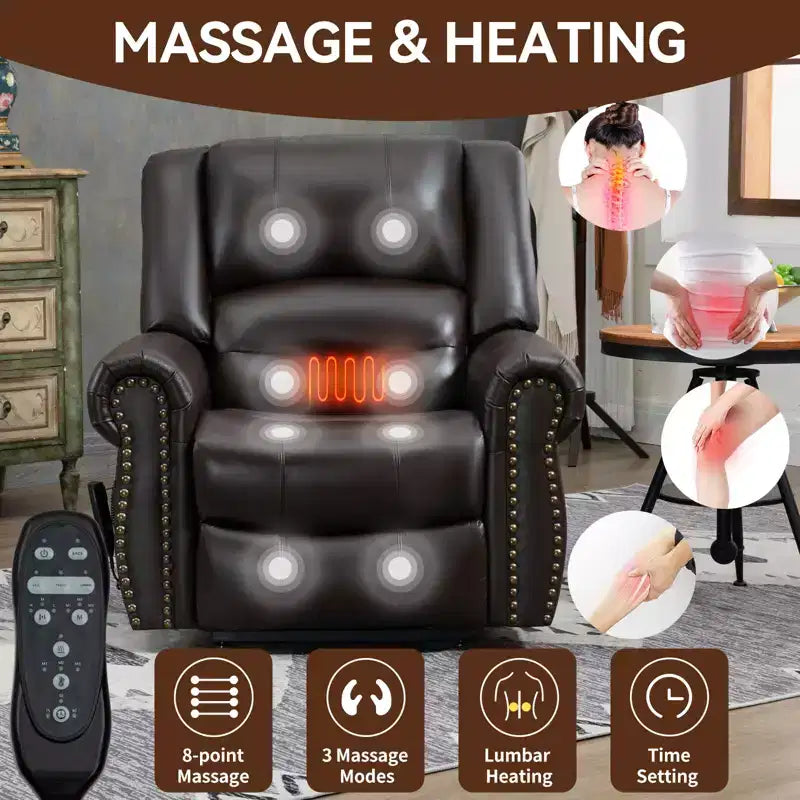 Fauteuil inclinable releveur électrique CLIHOME, avec massage chauffant, double moteur, inclinaison infinie, en cuir véritable, mécanisme de mouvement robuste avec ports USB