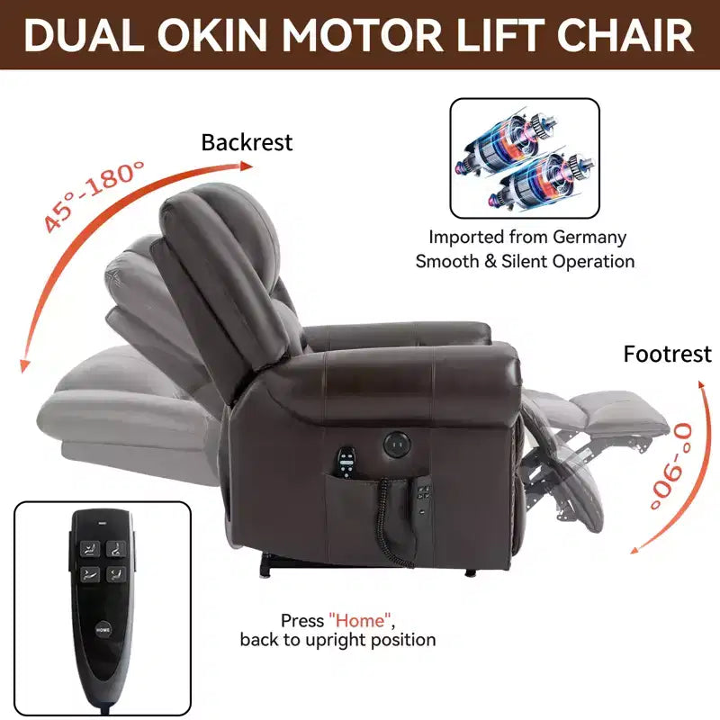 Fauteuil inclinable releveur électrique CLIHOME, avec massage chauffant, double moteur, inclinaison infinie, en cuir véritable, mécanisme de mouvement robuste avec ports USB