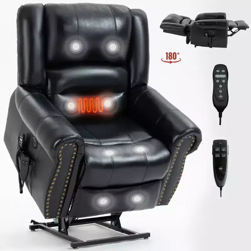 Fauteuil inclinable releveur électrique CLIHOME, avec massage chauffant, double moteur, inclinaison infinie, en cuir véritable, mécanisme de mouvement robuste avec ports USB