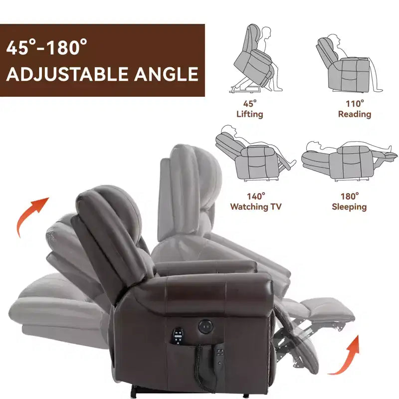 Fauteuil inclinable releveur électrique CLIHOME, avec massage chauffant, double moteur, inclinaison infinie, en cuir véritable, mécanisme de mouvement robuste avec ports USB