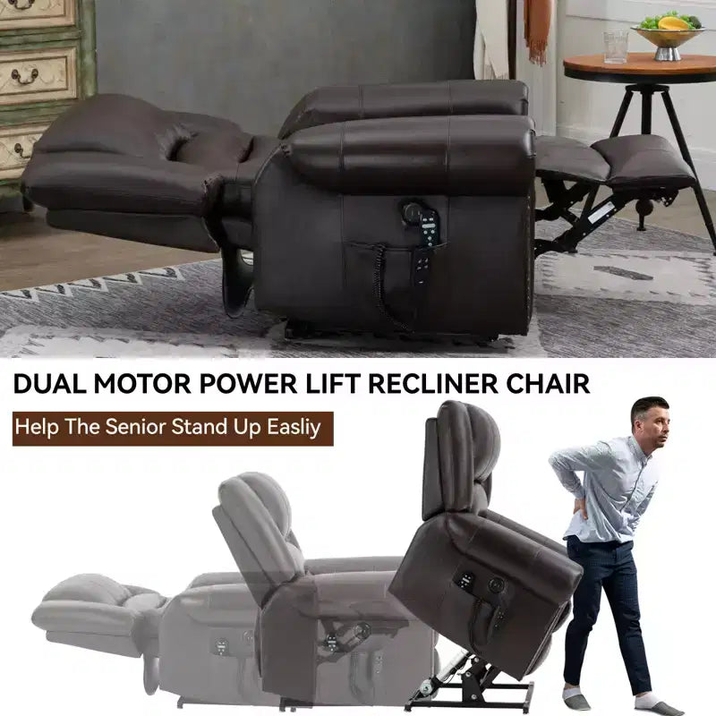 Fauteuil inclinable releveur électrique CLIHOME, avec massage chauffant, double moteur, inclinaison infinie, en cuir véritable, mécanisme de mouvement robuste avec ports USB