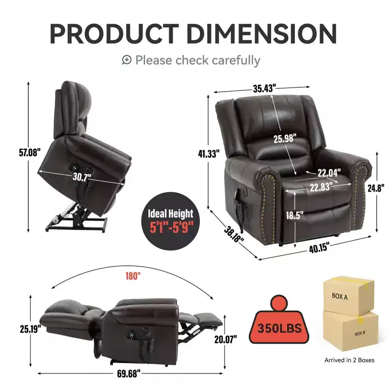 Fauteuil inclinable releveur électrique CLIHOME, avec massage chauffant, double moteur, inclinaison infinie, en cuir véritable, mécanisme de mouvement robuste avec ports USB
