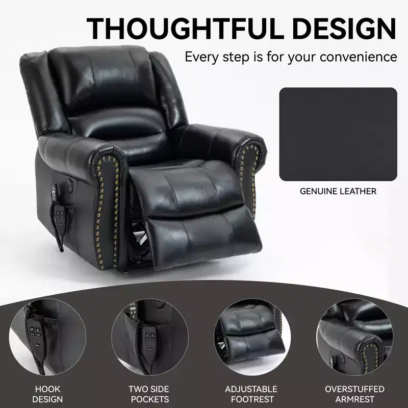 Fauteuil inclinable releveur électrique CLIHOME, avec massage chauffant, double moteur, inclinaison infinie, en cuir véritable, mécanisme de mouvement robuste avec ports USB
