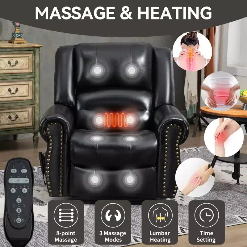 Fauteuil inclinable releveur électrique CLIHOME, avec massage chauffant, double moteur, inclinaison infinie, en cuir véritable, mécanisme de mouvement robuste avec ports USB
