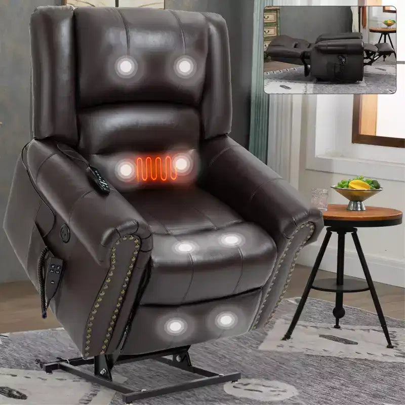 Fauteuil inclinable releveur électrique CLIHOME, avec massage chauffant, double moteur, inclinaison infinie, en cuir véritable, mécanisme de mouvement robuste avec ports USB