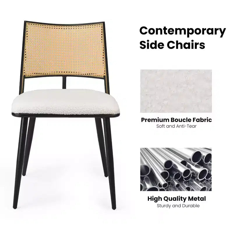 PexFix Lot de 2 chaises de salle à manger modernes du milieu du siècle, chaises de cuisine avec dossier en rotin et cadre en métal, chaises d'appoint rembourrées en tissu bouclé, blanc