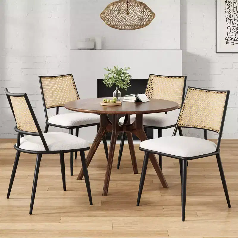 PexFix Lot de 2 chaises de salle à manger modernes du milieu du siècle, chaises de cuisine avec dossier en rotin et cadre en métal, chaises d'appoint rembourrées en tissu bouclé, blanc
