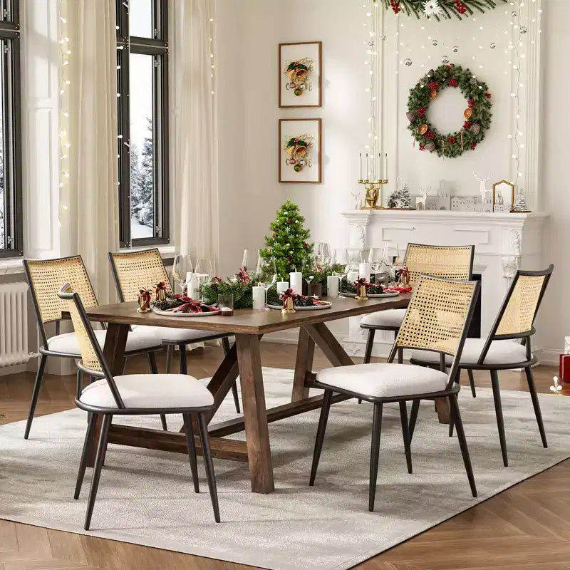PexFix Lot de 2 chaises de salle à manger modernes du milieu du siècle, chaises de cuisine avec dossier en rotin et cadre en métal, chaises d'appoint rembourrées en tissu bouclé, blanc