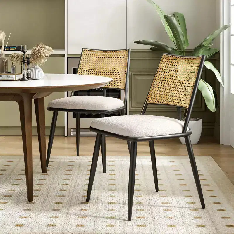 PexFix Lot de 2 chaises de salle à manger modernes du milieu du siècle, chaises de cuisine avec dossier en rotin et cadre en métal, chaises d'appoint rembourrées en tissu bouclé, blanc