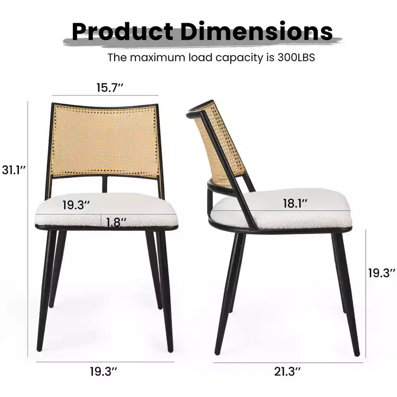 PexFix Lot de 2 chaises de salle à manger modernes du milieu du siècle, chaises de cuisine avec dossier en rotin et cadre en métal, chaises d'appoint rembourrées en tissu bouclé, blanc