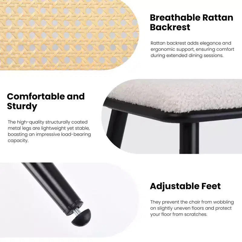 PexFix Lot de 2 chaises de salle à manger modernes du milieu du siècle, chaises de cuisine avec dossier en rotin et cadre en métal, chaises d'appoint rembourrées en tissu bouclé, blanc
