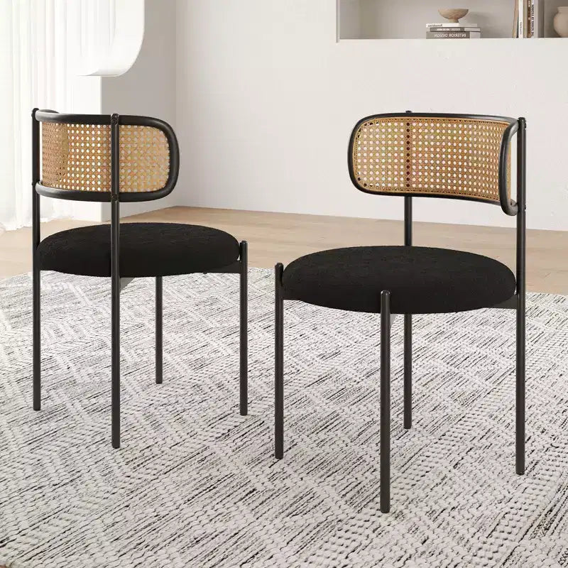PexFix 2Pcs Modern Upholstered Dining Chairs Rattan Back Dining Room Chairs Accent Kitchen Chairs with Metal Legs Black