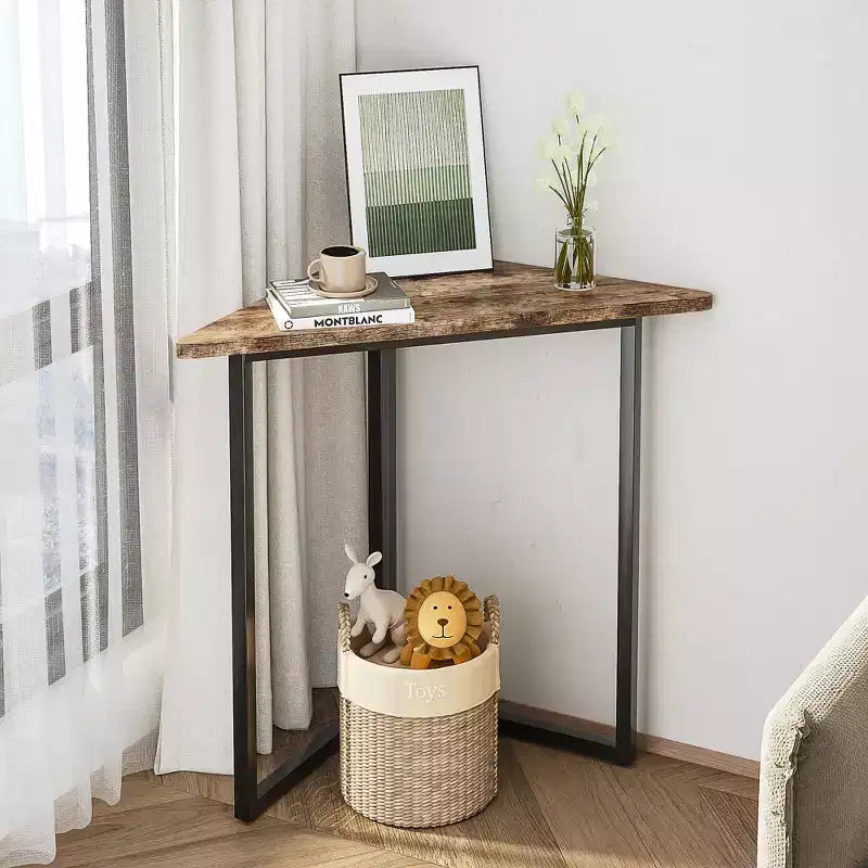 Étagère d'angle VECELO, étagères triangulaires, table d'appoint avec cadre en métal pour salon, petits espaces, marron/gris