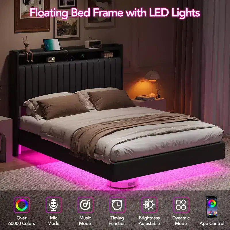 Cadre de lit flottant GustoWave, avec lumières LED et station de charge